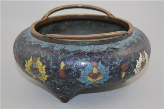 A large Chinese cloisonne enamel tripod censer, 19th century 23.5cm diam., some repairs